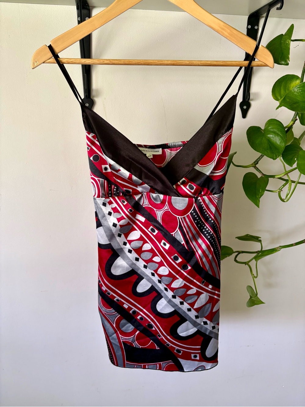 Red Patterned Silk Top with Black Trim